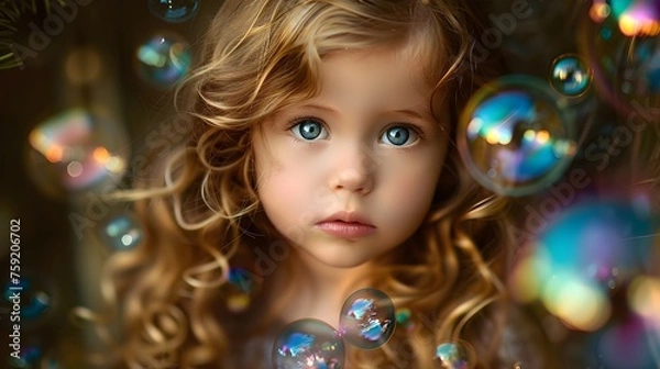 Fototapeta Enchanting Child with Curly Blonde Hair Amidst Shimmering Soap Bubbles