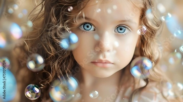 Obraz Wonder in Her Eyes: Little Girl with Curly Hair Surrounded by Soap Bubbles