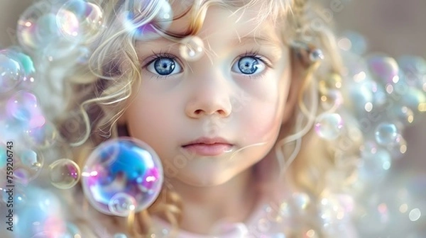 Obraz Enchanted Gaze: Little Girl with Curly Hair Amongst Shimmering Bubbles