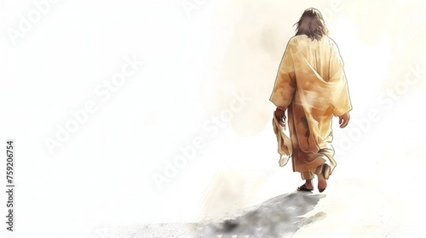 Obraz Solitary Figure in Golden and White Robes Walking Away in a Luminous Setting