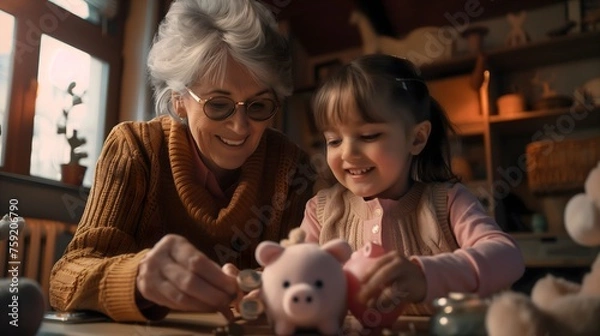 Fototapeta Joyful Savings: Grandmother Teaching Granddaughter to Save Money with Piggy Bank