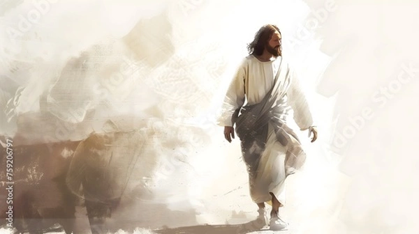Obraz Serene Man in White Robe Walking with Light and Shadows