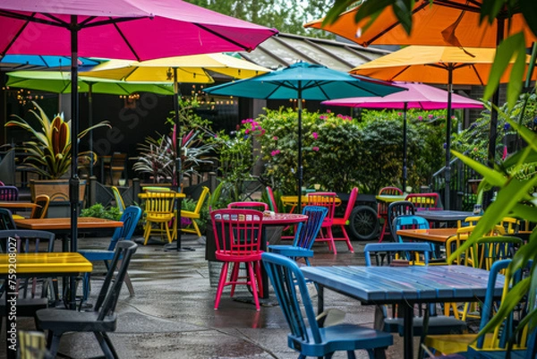 Fototapeta Outdoor patio with umbrellas shading colorful dining tables. Generative AI