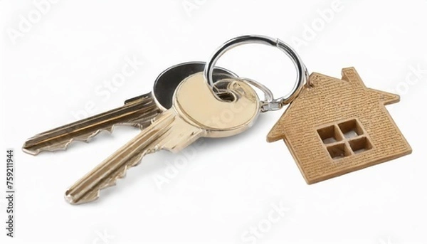 Fototapeta House keys with house shaped keychain, isolated on white background. high quality photo