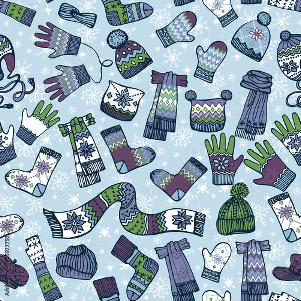 Obraz Knitted clothing accessories seamless pattern.Colored Sketchy