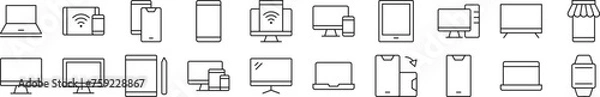 Fototapeta Pack of linear symbols of computers, phones, laptops. Editable stroke. Linear symbol for web sites, newspapers, articles book