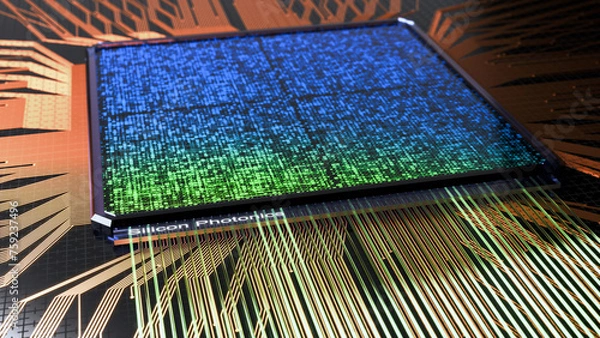 Obraz Abstract 3d render of a silicon chip with photonic interconnect.  Silicon Photonic is labeled on the interface

