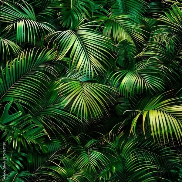 Fototapeta Palm Leaf Pattern, Lush Jungle Background, Exotic Tropic Foliage, Palm Leaves Silk Embroidery