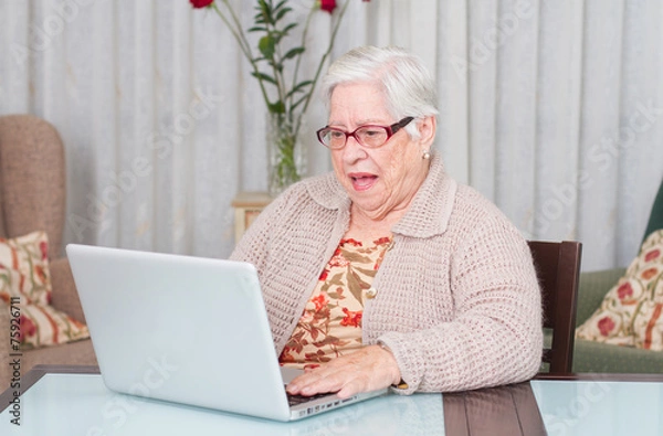 Obraz Grandmother astonished using laptop at home.