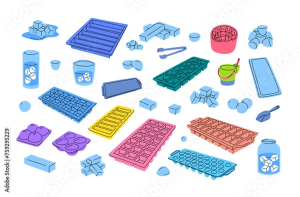 Obraz Vector ice cubes plastic trays spatulas doodle set. Different types of square, round, rectangular plastic forms for making ice. Round, cube, rectangular, trapezoid ice cubes for drinks, cocktails