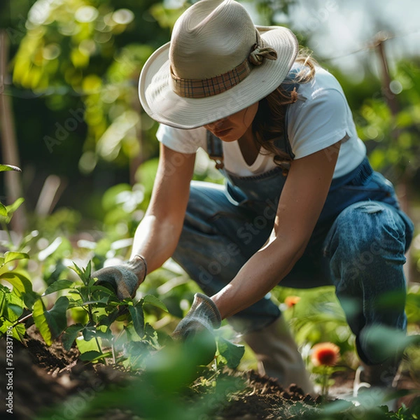 Obraz woman in the field, woman in a hat in denim overalls works in the garden, plants plants, wearing gloves
