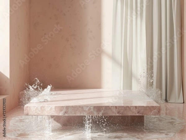 Fototapeta Stucco Veneziano Abstract Minimalistic Flat Podium. The Scene for Product Presentation. 3D Room with thin podium and water splashes. Ai Generated Podium Mockup for a Product advertisement.