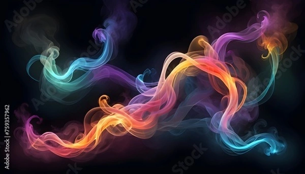 Fototapeta A captivating portrayal of luminous tendrils of colorful smoke gracefully undulating and flowing through the darkness their ethereal beauty creating an immersive and surreal abstract backdrop