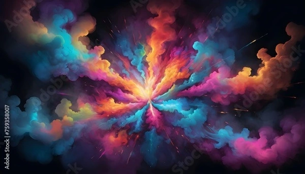 Fototapeta An evocative depiction of vibrant bursts of colored smoke erupting against the darkness their radiant glow illuminating the void with a kaleidoscope of hues a