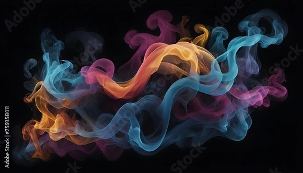 Fototapeta  A mesmerizing image capturing the dynamic interplay of colorful smoke against a velvety black canvas as wisps of vibrant hues blend and merge to form a mesmerizing abstract tapestry
