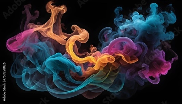 Fototapeta  A mesmerizing image capturing the dynamic interplay of colorful smoke against a velvety black canvas as wisps of vibrant hues blend and merge to form a mesmerizing abstract tapestry