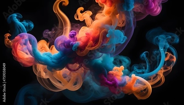 Fototapeta An ethereal image capturing vibrant tendrils of colorful smoke swirling and intertwining against a backdrop of deep darkness creating a mesmerizing abstract composition