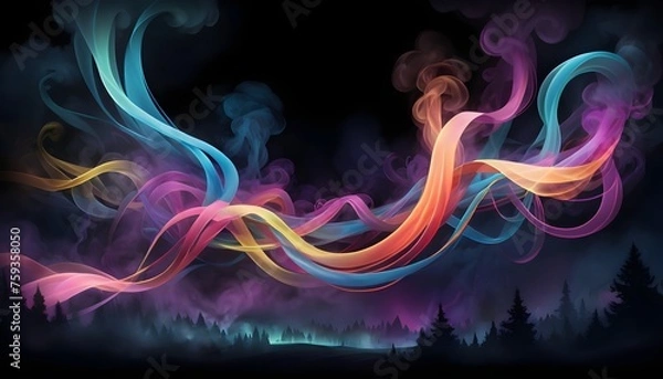 Fototapeta  An enchanting portrayal of vivid ribbons of colored smoke weaving through the darkness their luminous trails 