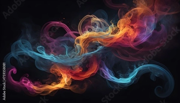 Fototapeta An ethereal image capturing vibrant tendrils of colorful smoke swirling and intertwining against a backdrop of deep darkness creating a mesmerizing abstract composition 