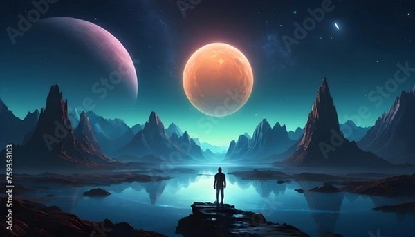 Fototapeta  An evocative portrayal of a solitary interdimesional portal glowing softly against the backdrop of the night sky framing the breathtaking sight of an alien world with its shimmering oceans and toweri