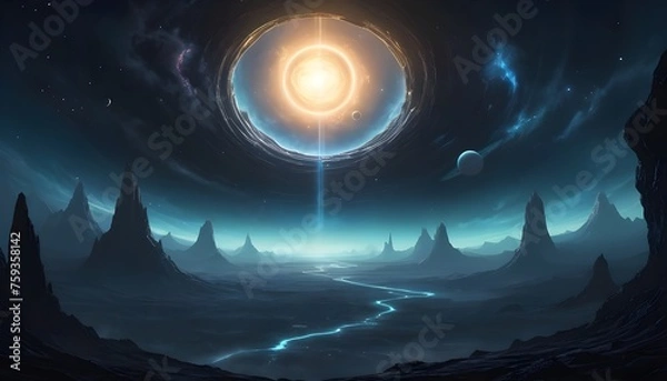 Fototapeta : An otherworldly scene depicting a luminous window suspended in the darkness of space through which the distant silhouette of an alien planet can be seen its swirling clouds and mysterious terrain