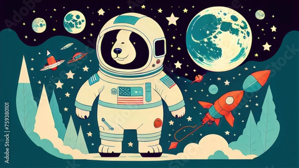 Fototapeta illustration of a bear and the moon or illustration of a bear or polar bear cub or polar bear in the snow or polar bear on the ice or bear alien in the space or bear on the moon
