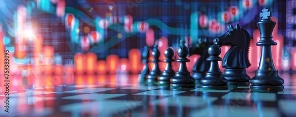 Fototapeta Financial markets and chess strategy collide with a board set against stock graphs and the drama of thunderclaps