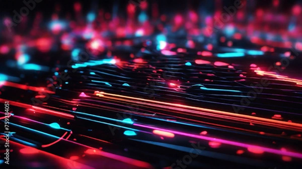 Fototapeta Neon abstract laser strips showing perspective, bokeh