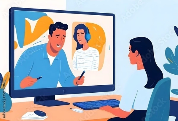 Fototapeta Video conference concept with people scene in fla