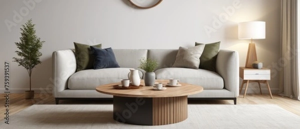 Fototapeta Scandinavian home interior design. Round wood coffee table against white sofa. 