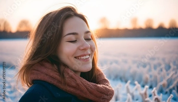 Obraz Woman Embracing The Beach With A Scarf As A Fashion Statement, portrait of a woman in winter