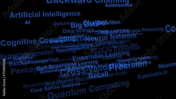 Obraz Deep learning artificial intelligence texts on black background with algorithmic bias, letters, and neural networks