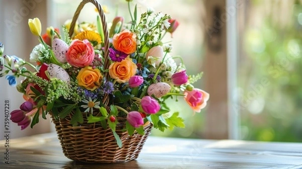 Fototapeta An Easter flower arrangement bouquet in a basket with Easter eggs stands on the festive dining table on Easter morning.