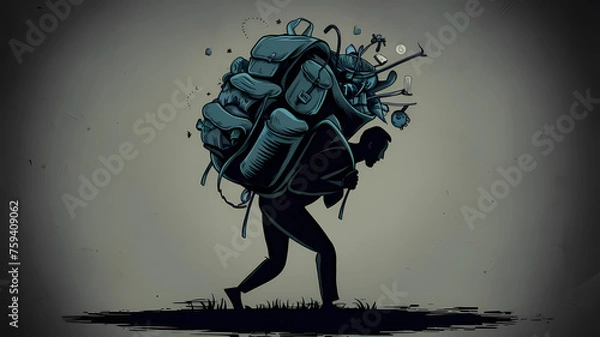 Fototapeta Silhouette of a man carrying a heavy backpack The backpack represents the burden and weight that anxiety can impose. Anxiety conceptual illustration.