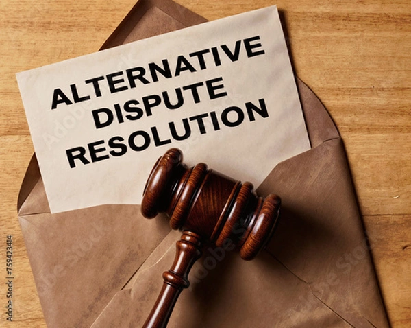 Fototapeta A gavel lies on top of an envelope on wooden background, which is open and contains a piece of paper that says word text Alternative Dispute Resolution acronym ADR