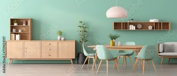 Fototapeta Mint color chairs at round wooden dining table in room with sofa and cabinet near green wall