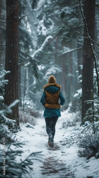 Fototapeta A person walking through a snowy forest. Generative AI.