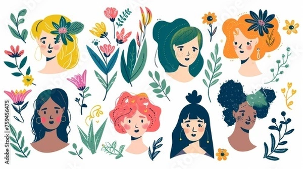 Fototapeta An illustration set of female characters with flowers and leaves in flat design style.