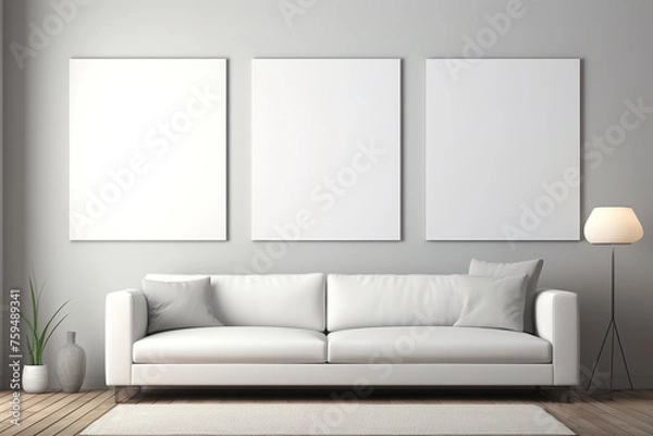Fototapeta A white couch sits in a room with three white picture frames on the wall