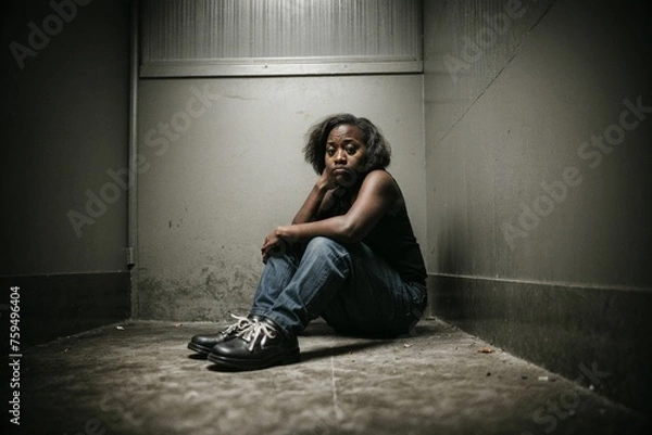 Fototapeta A scared and battered woman sitting alone in a dark and oppressive room in despair
