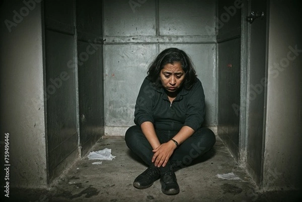 Fototapeta A scared and battered woman sitting alone in a dark and oppressive room in despair