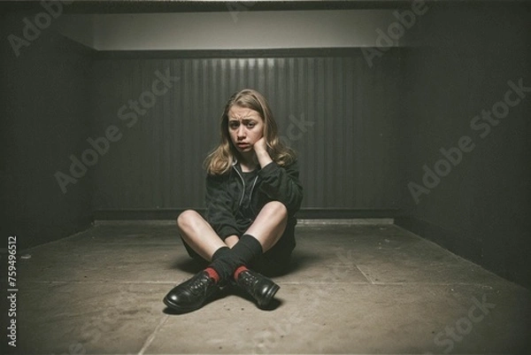 Fototapeta A scared and battered woman sitting alone in a dark and oppressive room in despair