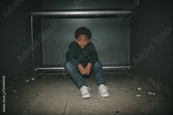 Fototapeta A scared and battered man sitting alone in a dark and oppressive cell, reflecting the despair of domestic violence