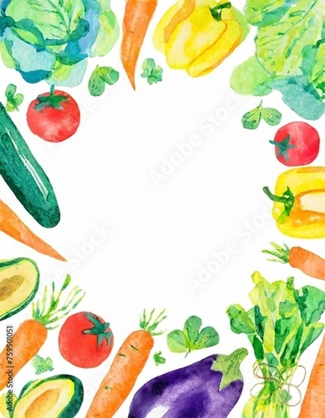 Fototapeta Frame of fresh vegetables, illustration in watercolor style.