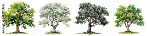 Fototapeta Set of four watercolor trees representing different seasons, ideal for educational content, environmental graphics, and seasonal designs with space for text