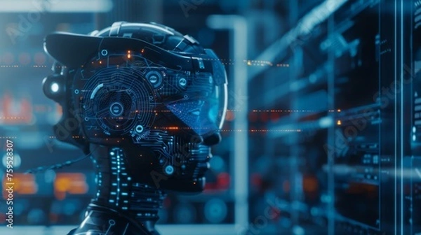Fototapeta Digital Humanoid Robot Head with Futuristic Interface, for AI tech advancement