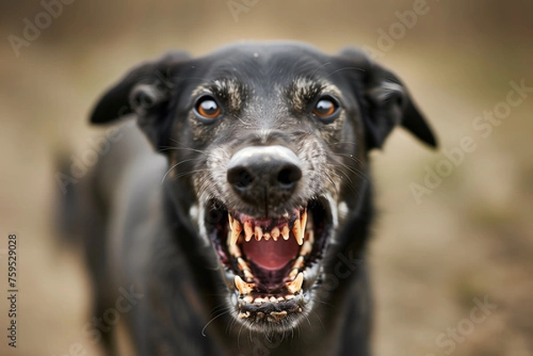 Fototapeta Head shot of aggressive dog barking. Rabies virus infection concept.