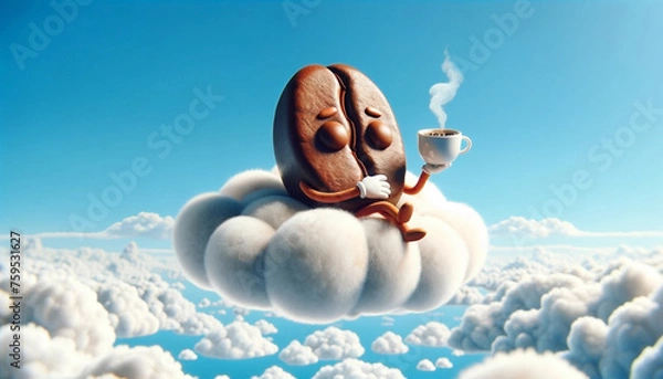 Fototapeta The coffee bean is sitting on a large, fluffy white cloud, high above the earth, relaxed and content. In its hand, it holds a small, steaming cup of coffee - Generative AI