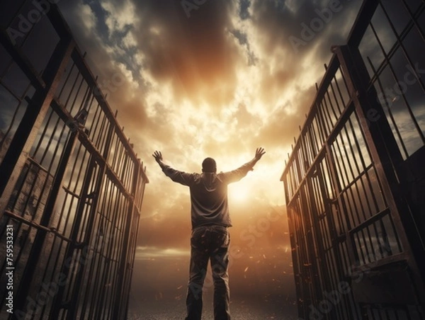 Fototapeta The happy prisoner is released from prison and he greets freedom with his open gates sun  and raised hands. cinnamon dark tones outside the gates