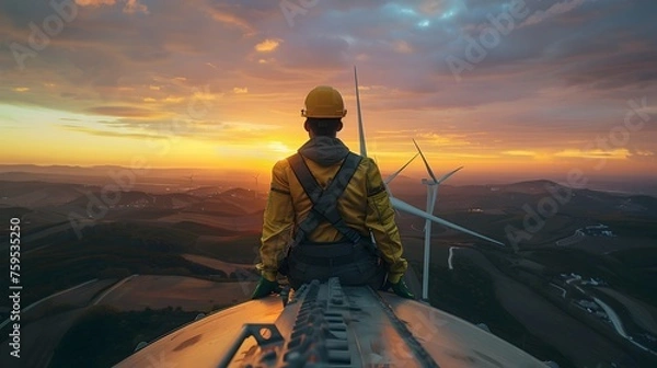 Obraz Industrial Worker at Sunset on Wind Turbines, To convey a sense of renewable energy and the beauty of nature